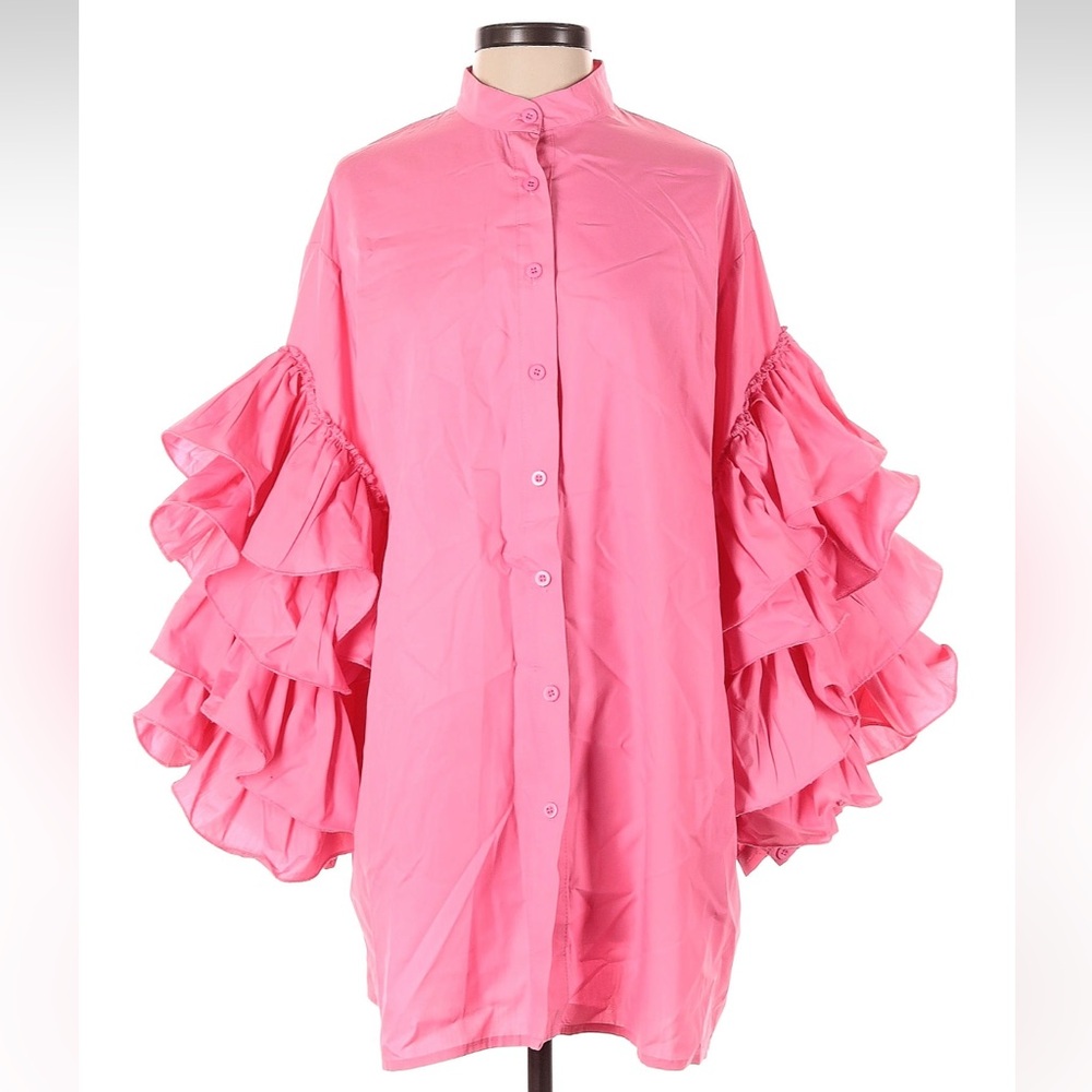 Beulah Style Pink Ruffle Sleeve Button-Up Mini Dress